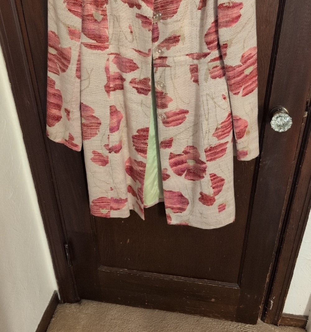 Cream Trench Coat with Pink Floral Jacquard Preppy Size 8 - Picture 4 of 6